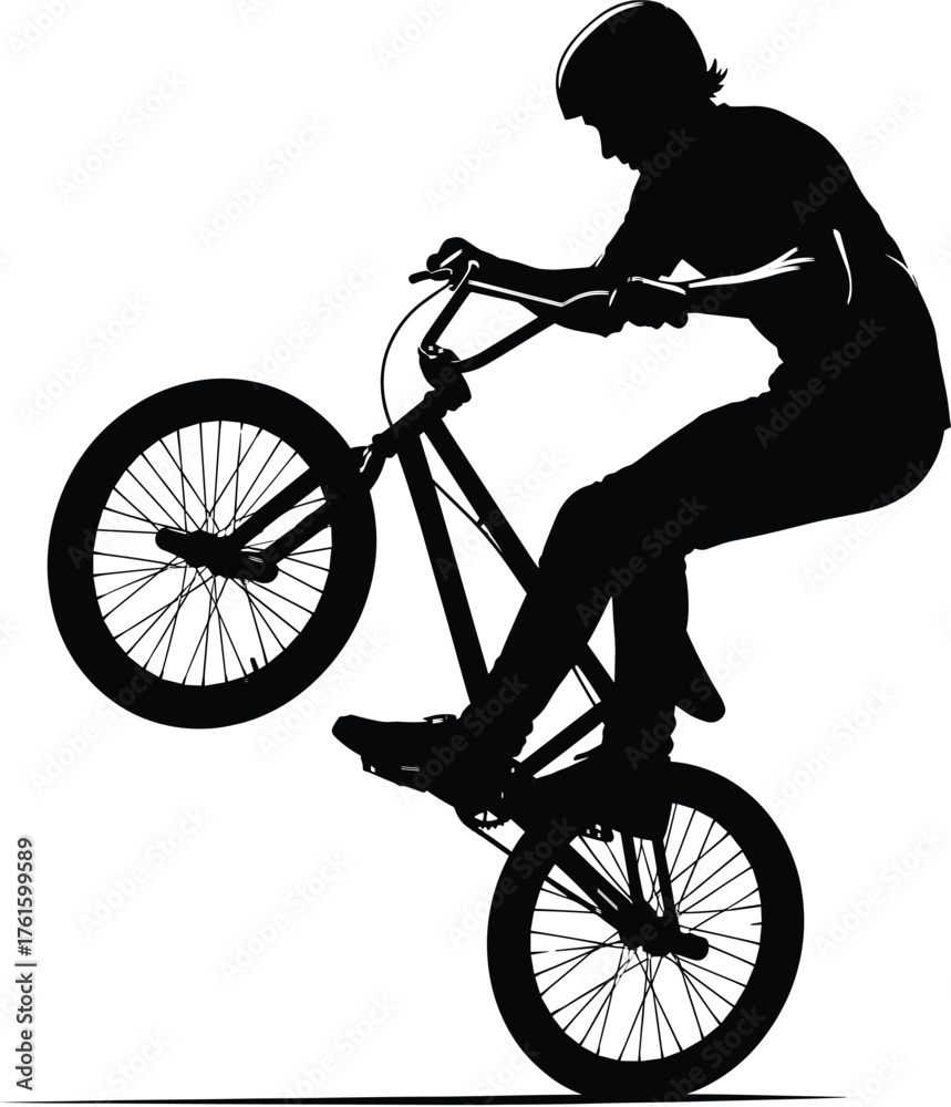 Fototapeta premium Silhouette vector of BMX stunt rider performing wheelie trick on bicycle, extreme freestyle cycling artwork for sports design and apparel.