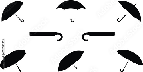 Silhouettes of seven umbrellas in circular layout with central handles for matching, comparison, and visual puzzle design reference