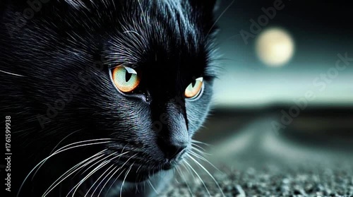 Close-Up of Mysterious Black Cat Staring into the Night Sky