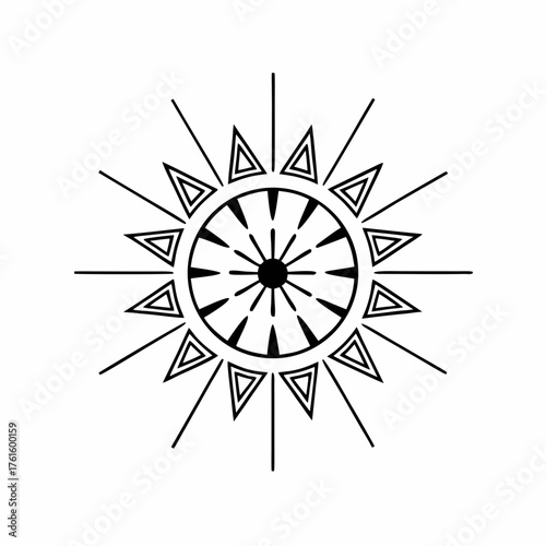 Geometric solar wheel with aligned triangular rays and radial symmetry in minimal black design
