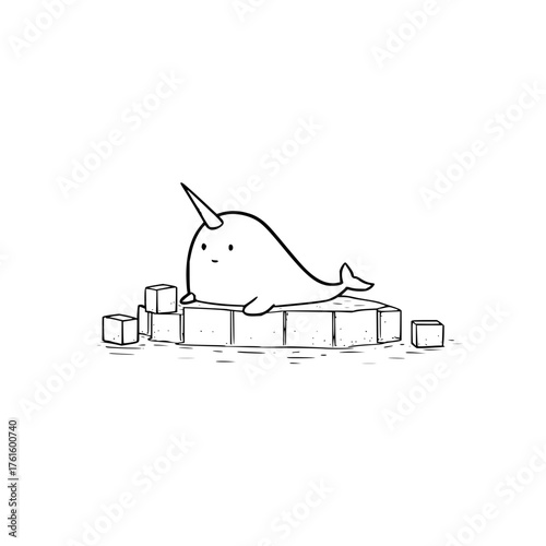 A cute cartoon narwhal resting on a block of ice surrounded by ice cubes in a black and white illustration