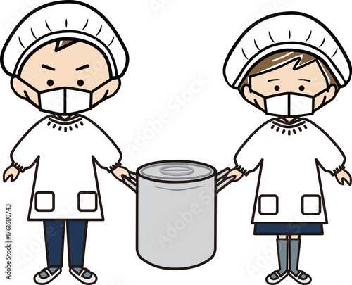 給食当番で大鍋を運ぶ男の子と女の