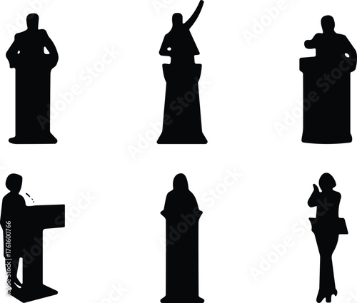 Silhouettes of six public speakers at podiums in various presentation poses representing speech delivery, communication, and body language techniques