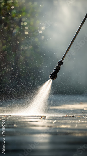 High-pressure cleaning of a surface with water spray. A close-up shot captures a high-pressure washer in action, spraying water onto a surface, creating a mist.