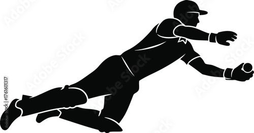 Silhouette of a baseball player making a diving catch