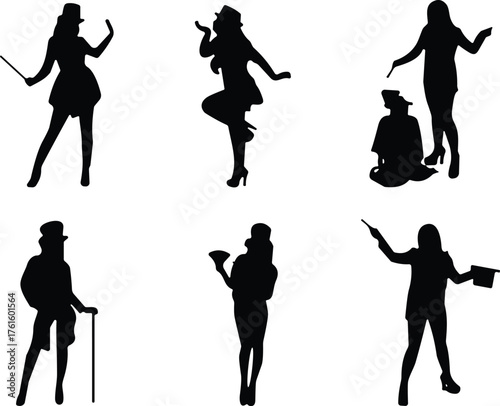Silhouettes of six theatrical performers in expressive poses with props like cane, megaphone, and top hat for entertainment design