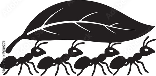 Black vector silhouette illustration of a team of worker ants collaboratively carrying an oversized leaf on their backs, symbolizing teamwork and nature's industrious insects
