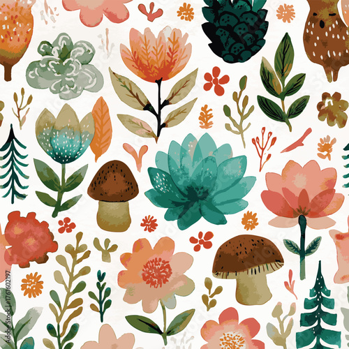 An imaginary pattern work using watercolor techniques. Designed for children, it features colorful flowers, forest, and animal figures.