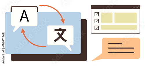 Letters in speech bubbles, arrows illustrating translation process, checklist, and text box. Ideal for communication, learning, language, technology education globalization software. Simple flat