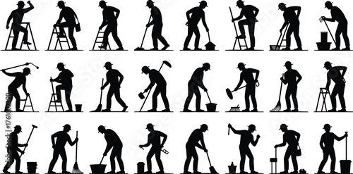 Silhouettes of twenty workers performing cleaning and maintenance tasks with tools, showcasing janitorial duties, facility care, and manual labor rolesSilhouettes of twenty workers performin