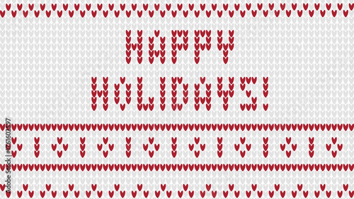 Happy Holidays horizontal banner. Cozy template with knitted effect. Red congratulations on gray background. Vector graphic