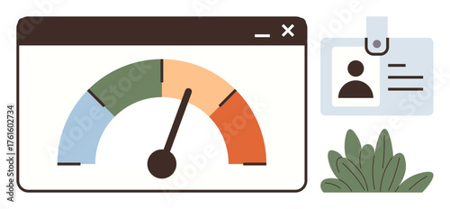 Browser window with colored speed meter gauge, identity badge, and green plant. Ideal for productivity, evaluation, performance, efficiency, metrics measurement office themes. Simple flat metaphor
