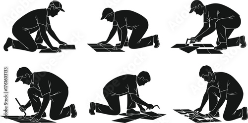 Silhouettes of workers installing floor tiles, kneeling, pressing, aligning, hammering, applying adhesive, construction labor, home improvement process illustration