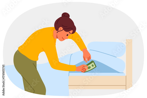 Woman makes stash under mattress, trying to save money from theft and crisis inflation. Girl does not trust banks due to financial illiteracy, using stash in bedroom in own apartment