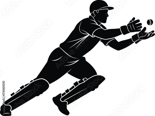 Silhouette of a baseball catcher making a diving catch