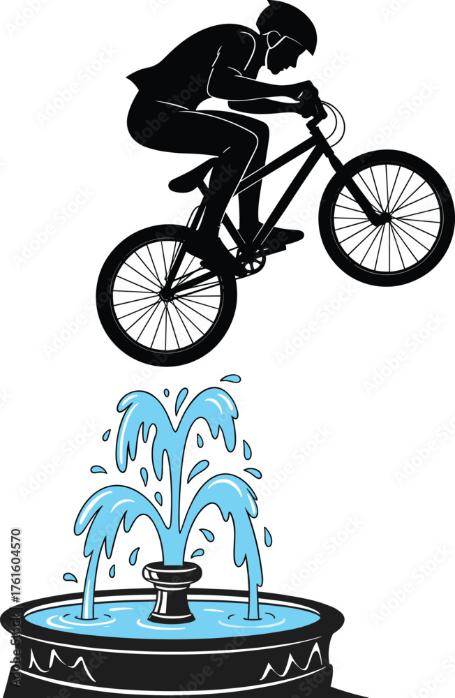 Naklejka premium Silhouette illustration of BMX rider performing extreme stunt jump on bicycle over decorative water fountain with splashing streams vector art.