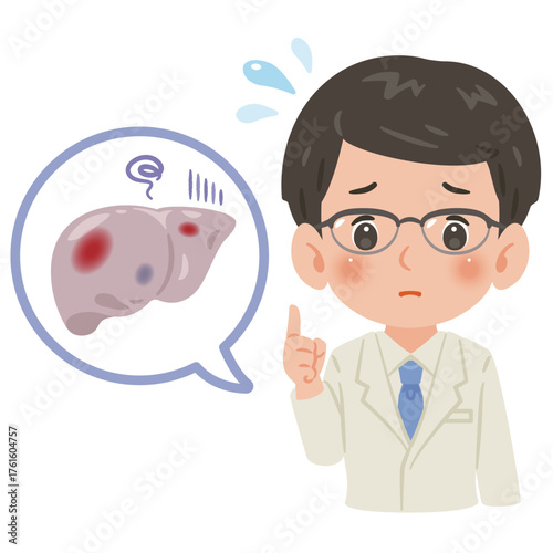 不健康な肝臓と白衣を着た男性医師　上半身イラスト／Unhealthy Liver with Male Doctor in White Coat　upper body illustration