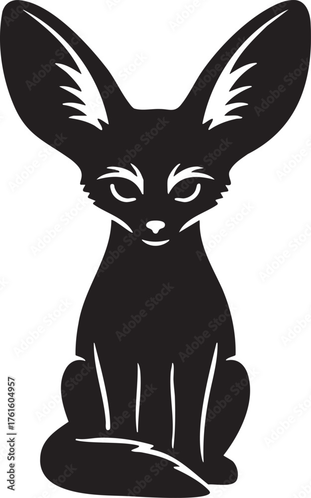 Obraz premium Adorable Fennec Fox with Large Ears Silhouette, Black and White Vector Illustration of Desert Dwelling Mammal