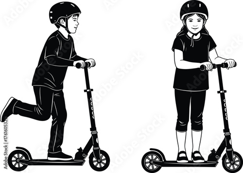 Silhouette of Boy and Girl Riding Kick Scooters with Helmets, Vector Illustration Isolated on White Background for Safety and Recreation