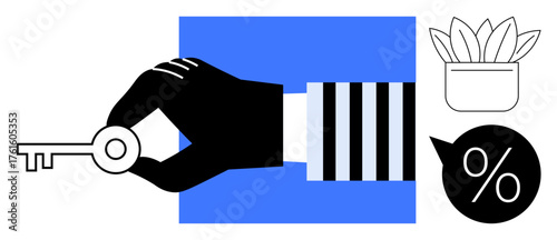 Black hand holds a key, surrounded by a percentage symbol, plant pot, and blue rectangle. Ideal for real estate, investment, finance, success, unlocking ideas trust-building simple flat metaphor