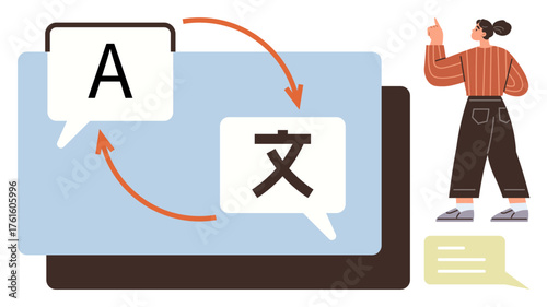 Speech bubbles with letters representing translation process on screen, arrows indicating flow. Person pointing toward device interaction. Ideal for communication, education, global connectivity