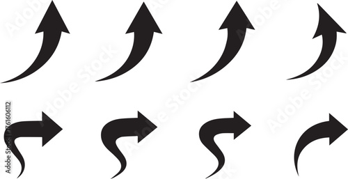 vector set of arrows, a collection of black curved arrows pointing in various directions