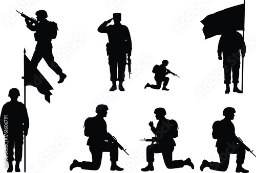 Silhouette soldiers with rifles in various military poses holding flags, saluting, kneeling, marching, standing guard, battlefield army vector illustration.