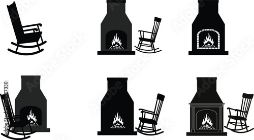 Silhouette vector illustration of fireplaces and rocking chairs with burning fire, cozy black furniture design for winter home interior decoration