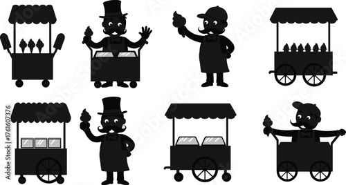 Silhouette vector illustration of ice cream vendors with carts and sellers holding cones, street food dessert stall retro style design.