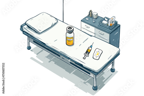 Syringe and Bandage on Hospital Table white isolated