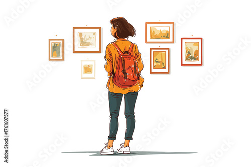 Woman with Short Hair Looking at Art in Gallery positive isolated