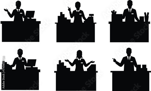 Silhouette vector illustration of supermarket cashier employees at checkout counter with computer register and products, retail business staff service design.