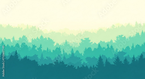 Layered forest silhouette in shades of teal and green under a pale yellow sky landscape scene view