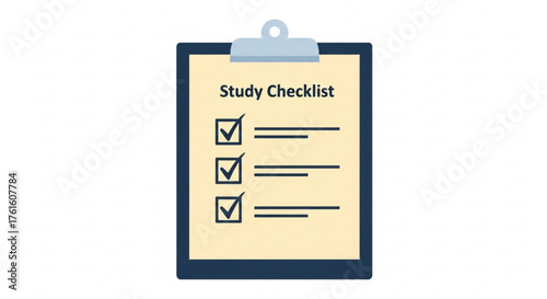Illustration of a study checklist on a clipboard with checked boxes and horizontal lines for tasks