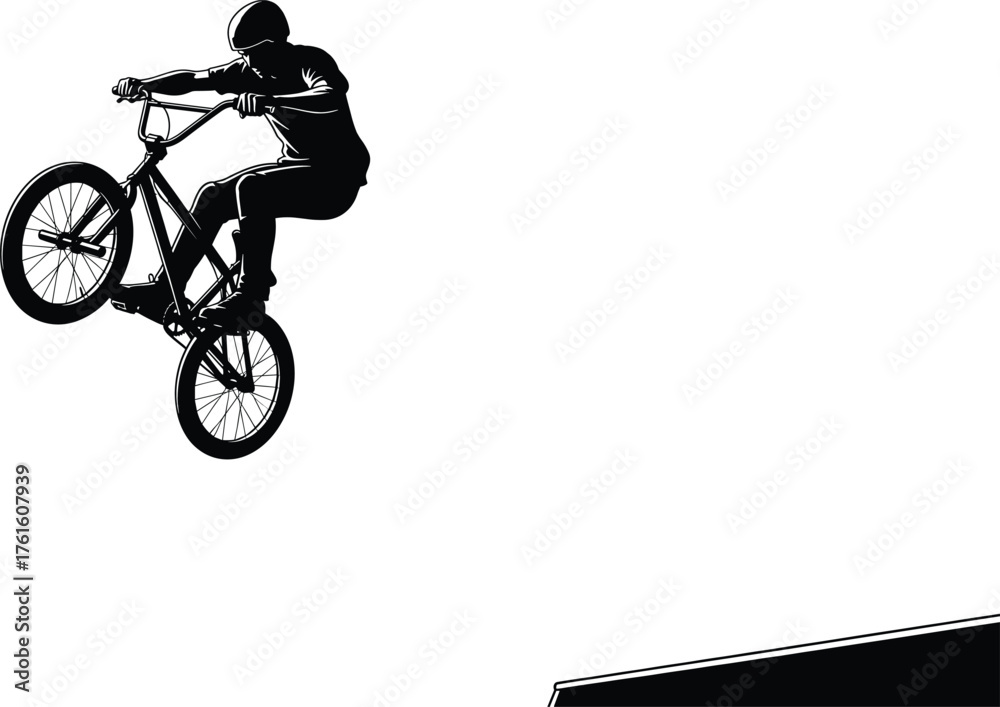 Fototapeta premium Silhouette vector of BMX rider performing extreme stunt jump on ramp with bicycle, action sport illustration for adventure, competition, and lifestyle design.