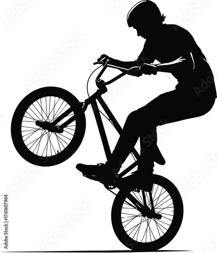 Silhouette vector of BMX stunt rider performing wheelie trick on bicycle, extreme freestyle cycling artwork for sports design and apparel.