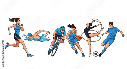 Diverse athletes showcasing various sports disciplines in dynamic action poses on a white background