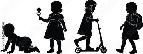 Silhouette Vector of Child Growth Stages from Baby to School Age, Crawling, Standing, Scooter Riding, Backpack Walking Illustration