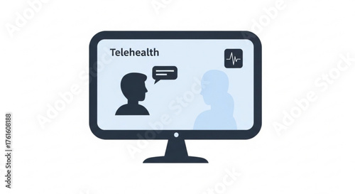 Telehealth appointment on computer screen showing two people and heart rate monitoring signal displayed