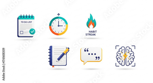 Illustration showing to do list, clock, habit streak, notebook, quote and brain with lightning bolt