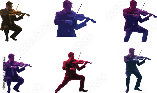 Silhouette vector of musician playing violin in different poses, classical music performance, orchestra concert, artistic expression, creative instrumental illustration