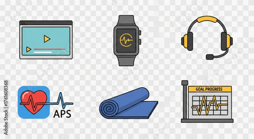 Illustration of fitness tracking devices and accessories on transparent background viewable
