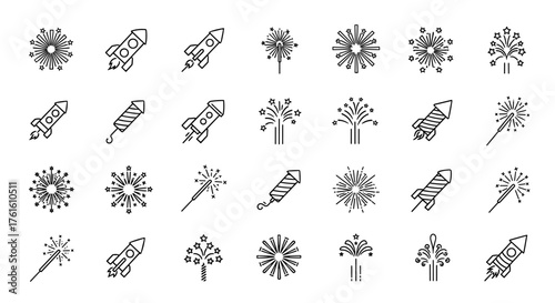 Collection of simple, isolated line icons representing fireworks and rockets, suitable for web, books, cards, and apps. This editable stroke vector cartoon illustration features various pyrotechnic