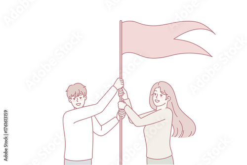 Smiling employees put flag as symbol of shared goal achievement and success. Happy man and woman reach business target or aim. Accomplishment concept. Vector illustration.