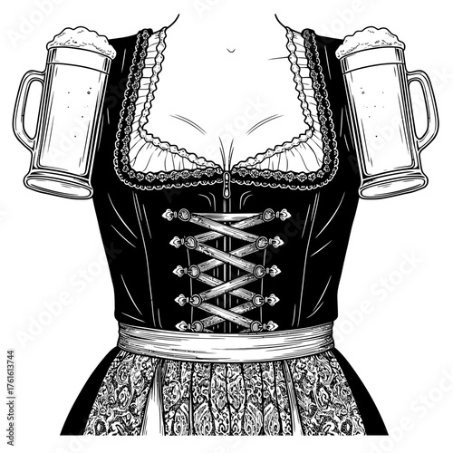 A detailed illustration of a traditional German dirndl dress, complete with beer steins, capturing the essence of Oktoberfest celebrations and culture.