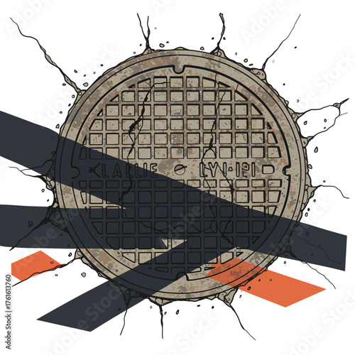 An artistic illustration features a weathered manhole cover with cracks and abstract lines, conveying urban decay and industrial design.