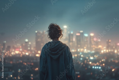 A person standing on top of a hill looking at a city at night