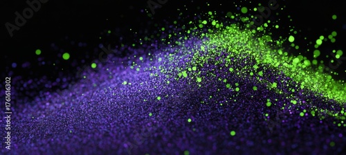 Grainy abstract background with a noisy color gradient that glows vibrantly in shades of purple, green, blue, and pink, set on a dark black backdrop for a poster header cover wallpaper