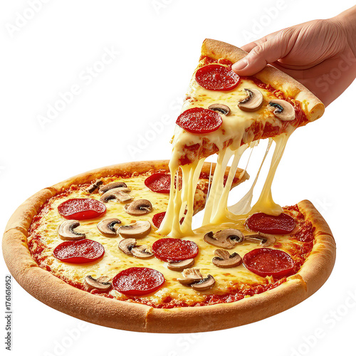 Hot Pepperoni Pizza with Melting Cheese Pull and Mushrooms, Generative AI