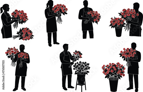 Silhouette florist men and women holding red flower bouquets and arranging floral decorations, vector illustration for shop, market, wedding design